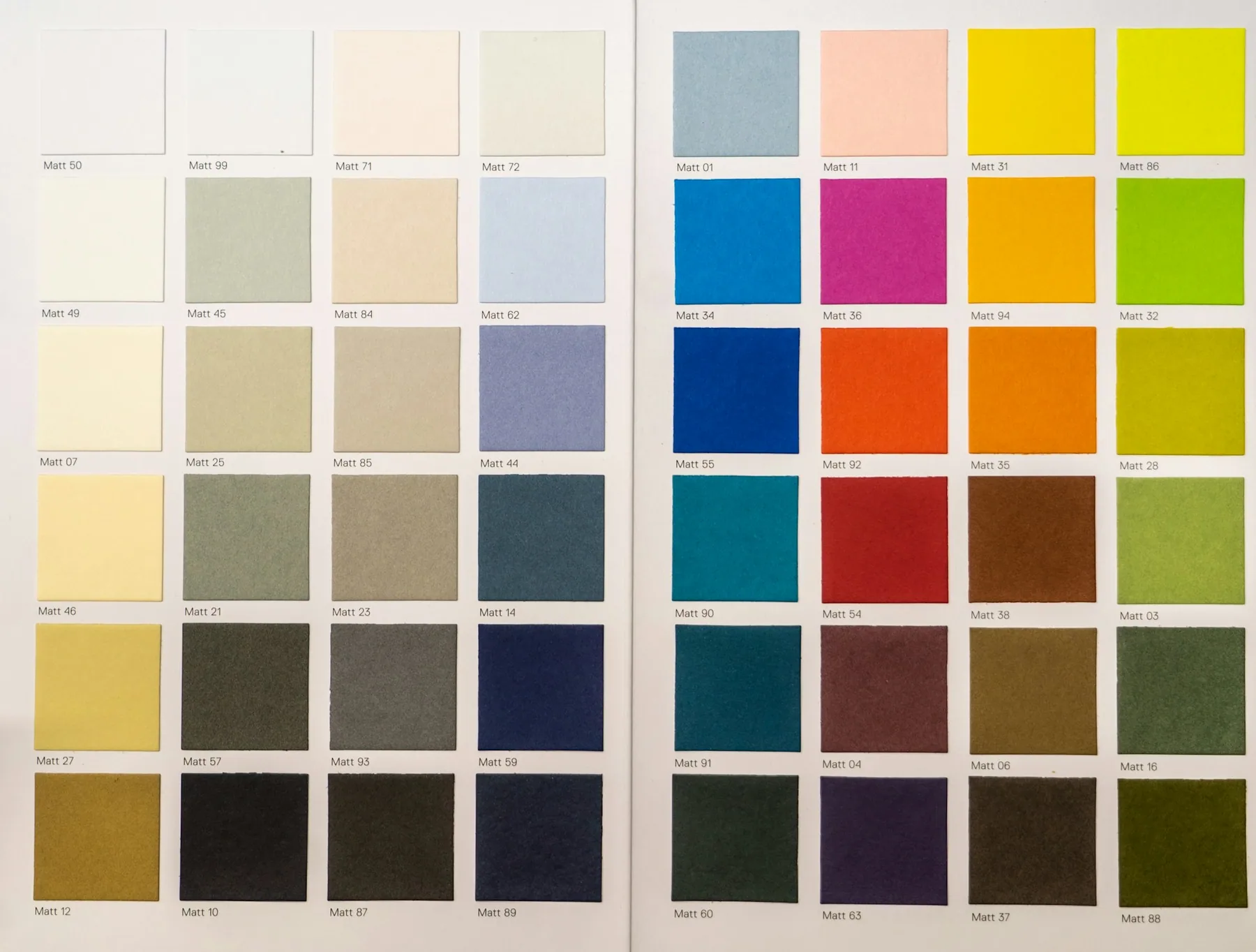 A printed chart of fabric colour swatches