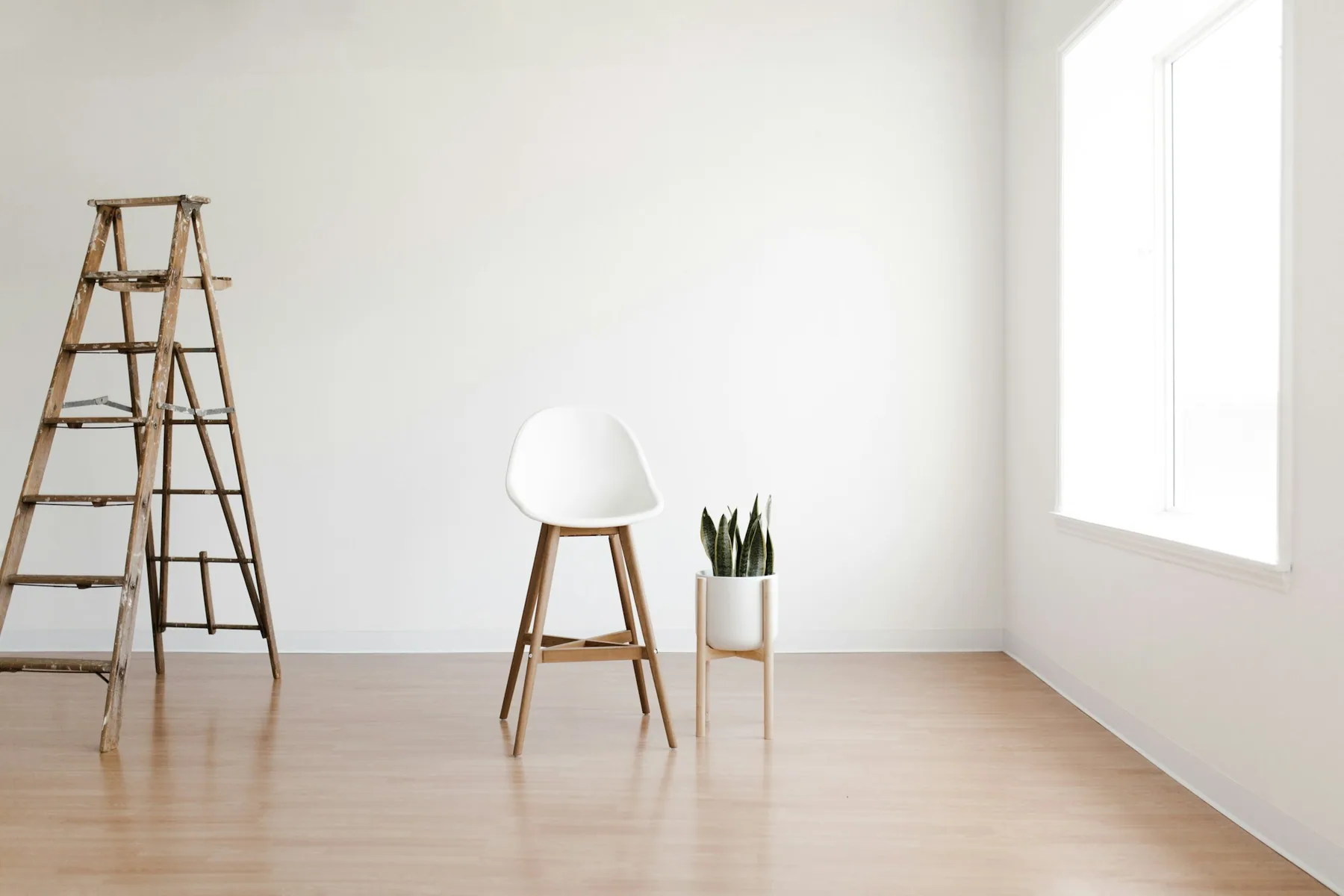 An empty room with a ladder, a chair and a plant