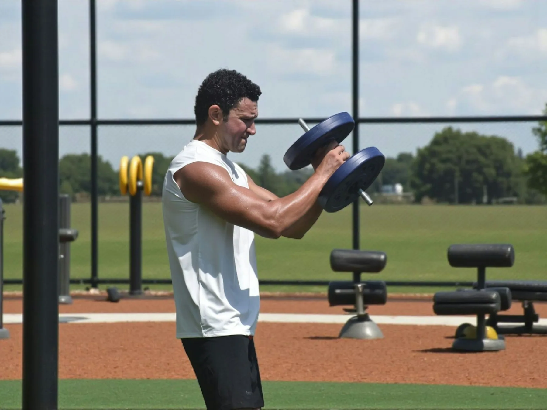Athlete training at an outdoor gym in strong sun