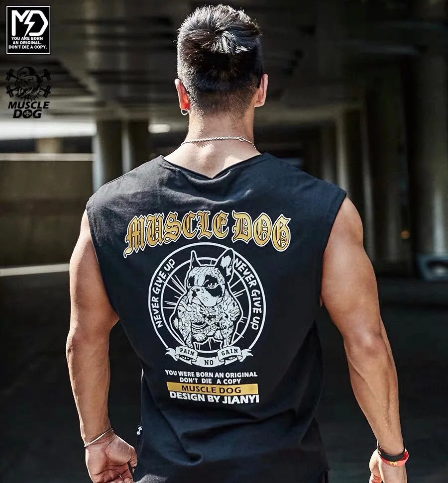 Athlete wearing the MuscleDog bulldog graphic tee in a gym